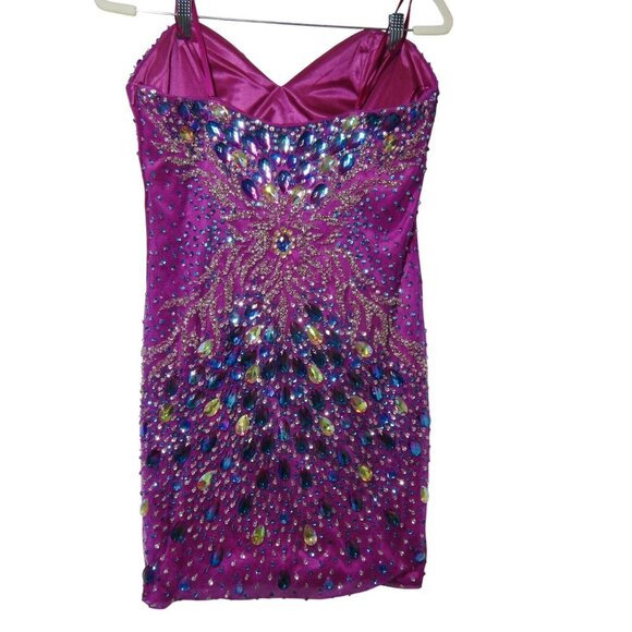 STRAPLESS Embellished L JEWELED Beaded Party Prom Mini Dress Magenta Cocktail - Picture 4 of 11